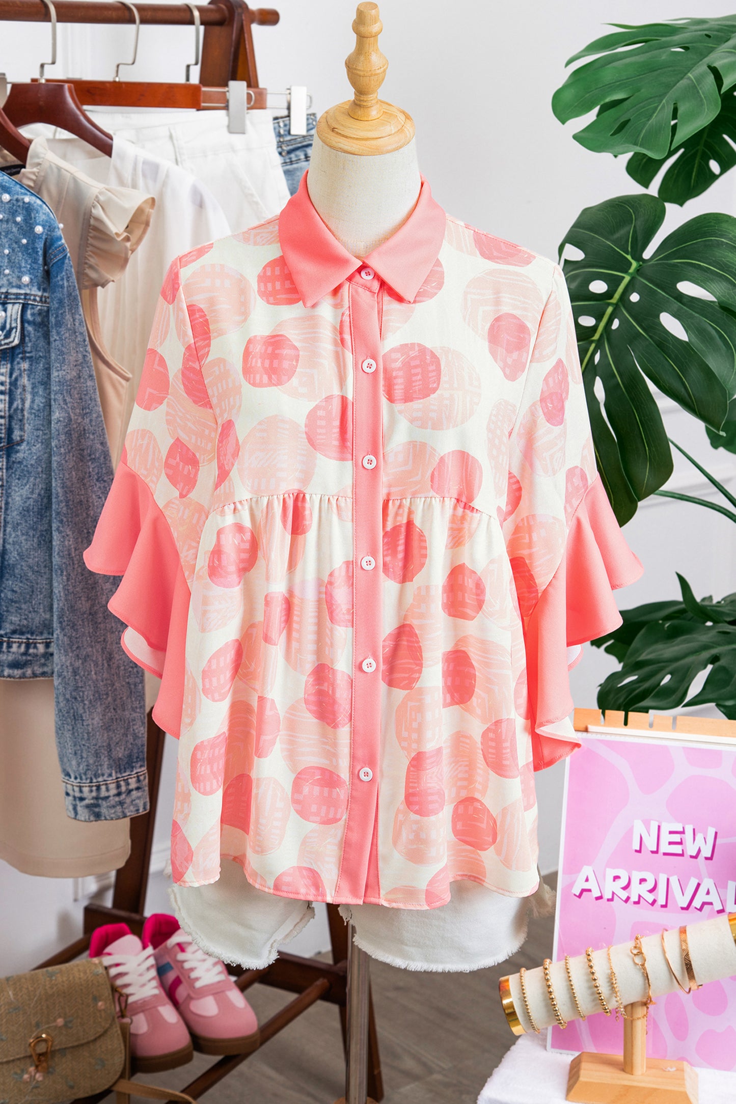 Pink Polka Dot Ruffle Trim Short Sleeve Top