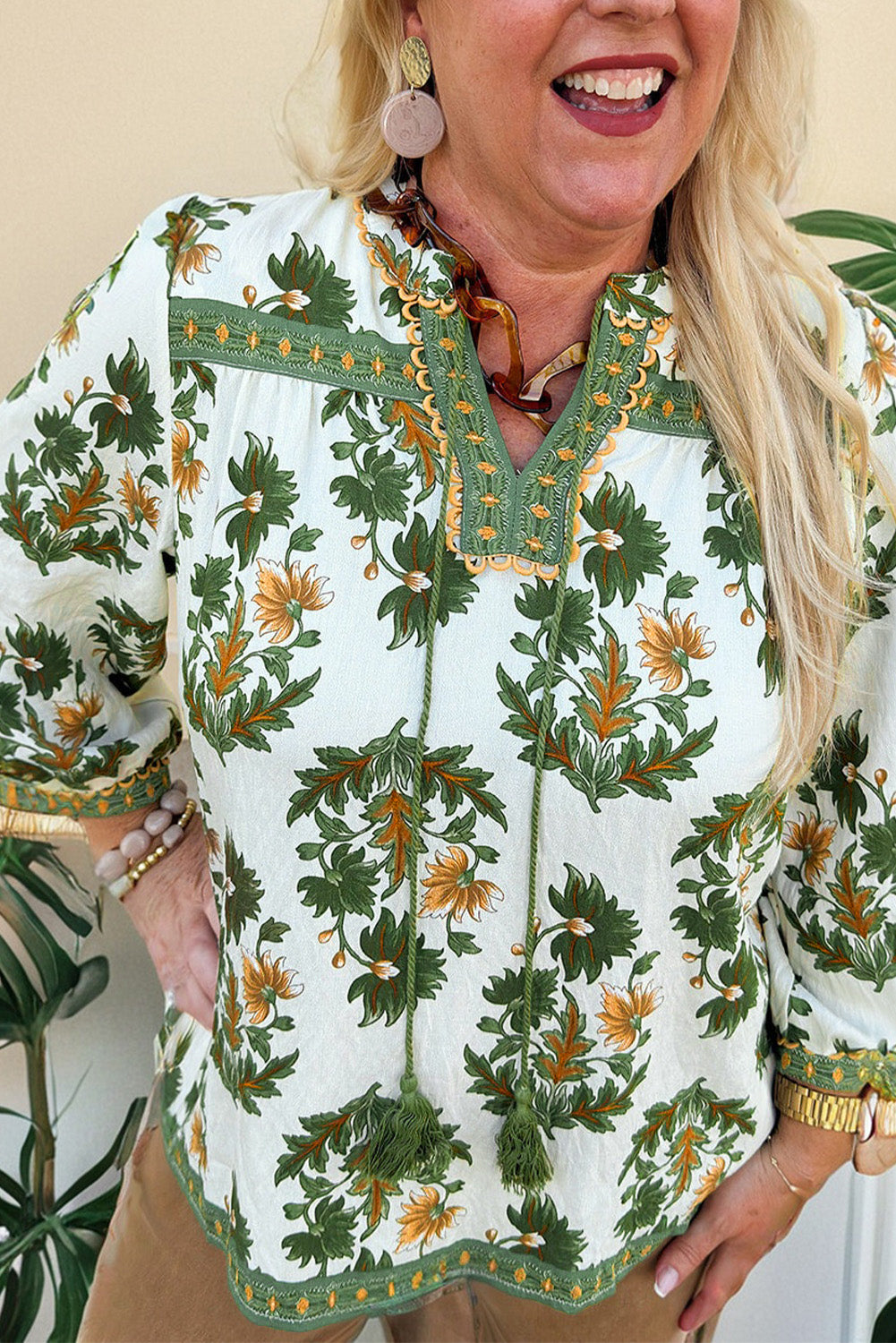 Floral Patchwork Detail Tassel Tie 3/4 Sleeve Blouse Plus Size