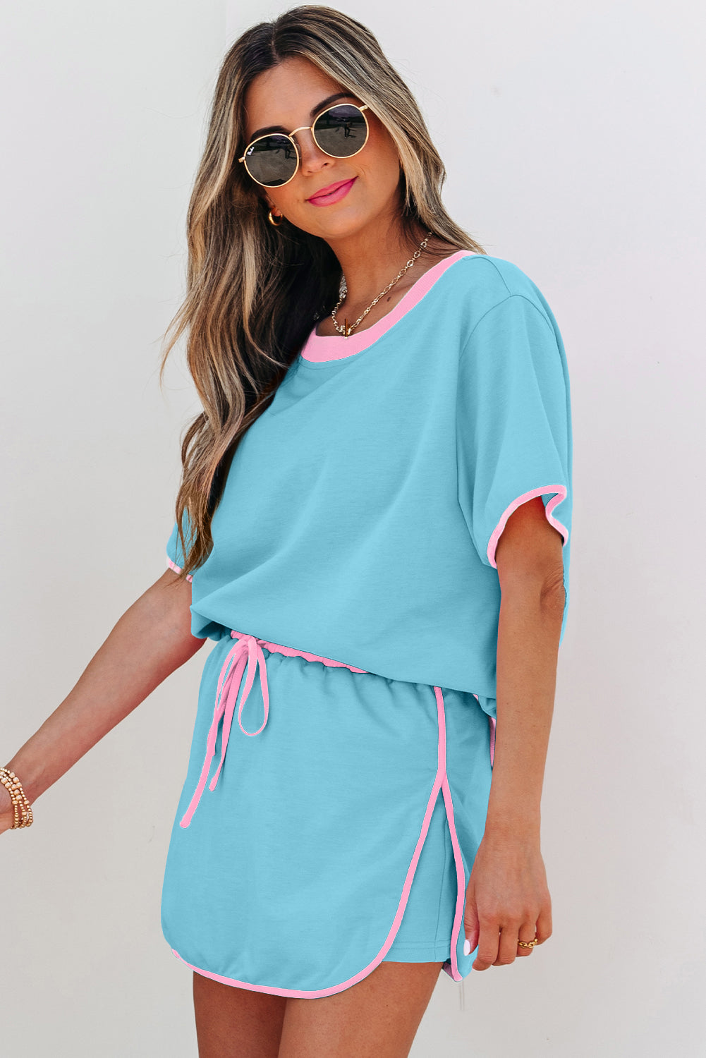 Turquoise Drop Shoulder Top & Short 2Pcs Set