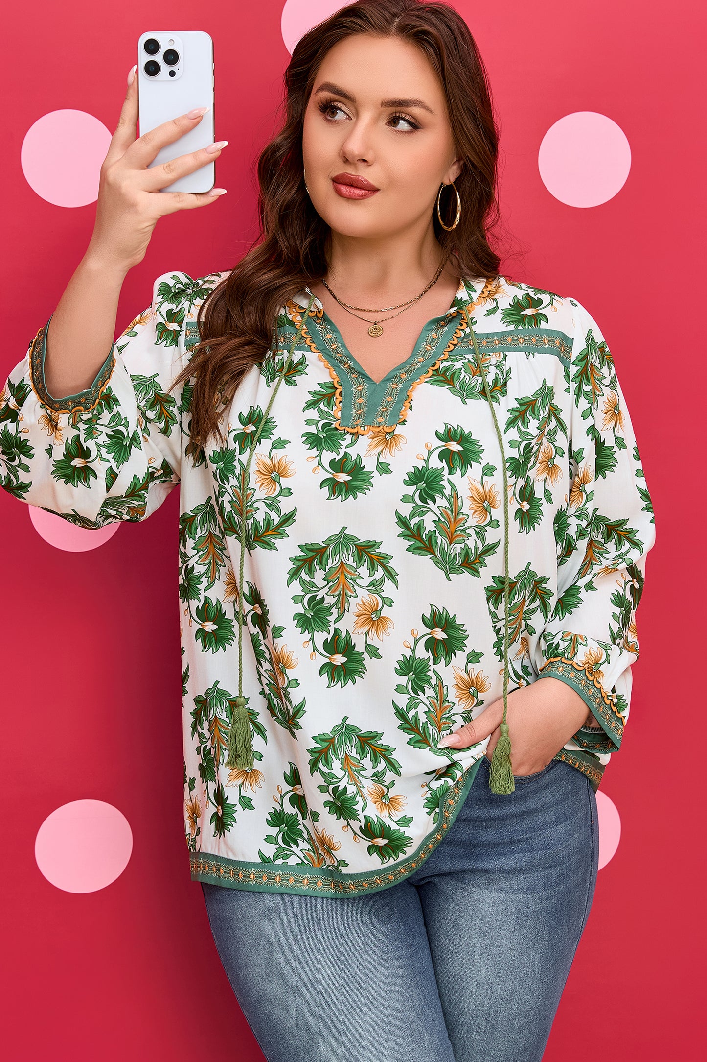 Floral Patchwork Detail Tassel Tie 3/4 Sleeve Blouse Plus Size