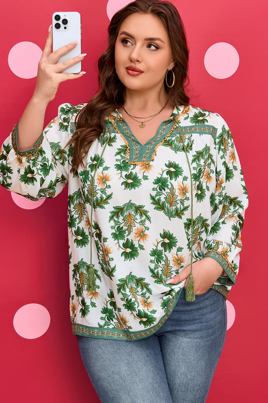 Floral Patchwork Detail Tassel Tie 3/4 Sleeve Blouse Plus Size