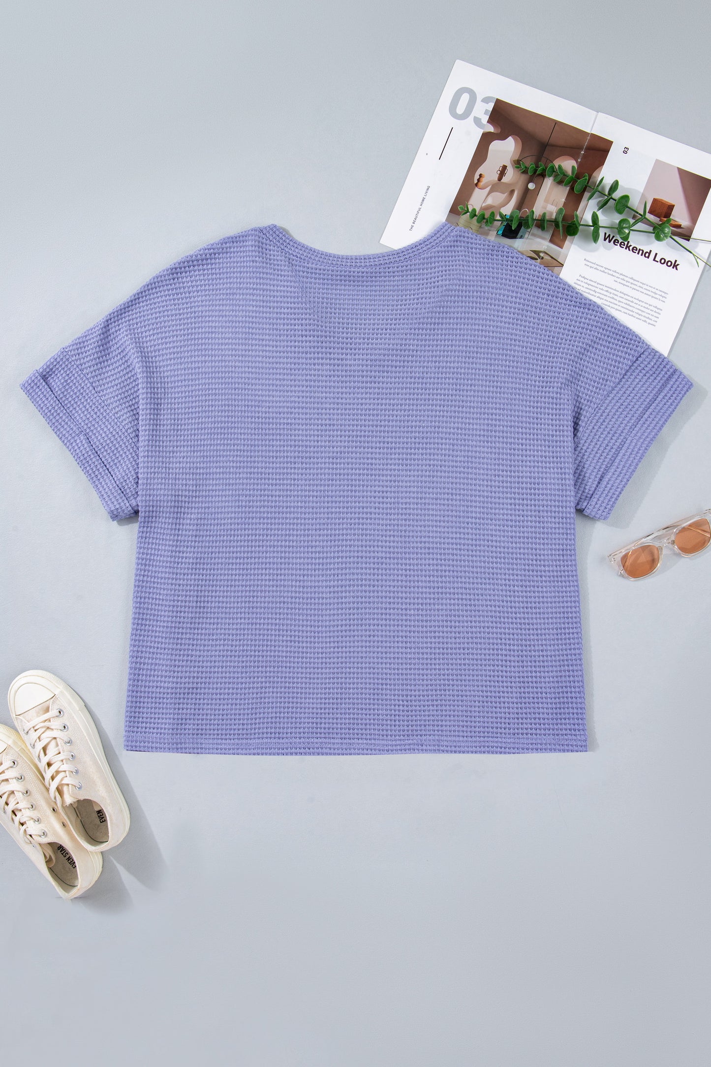 V Neck Short Sleeve Waffle Knit Top Plus Size