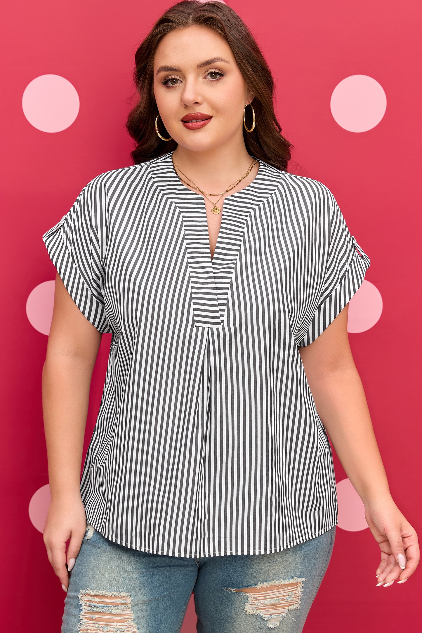 Stripe V Neck Blouse Plus Size
