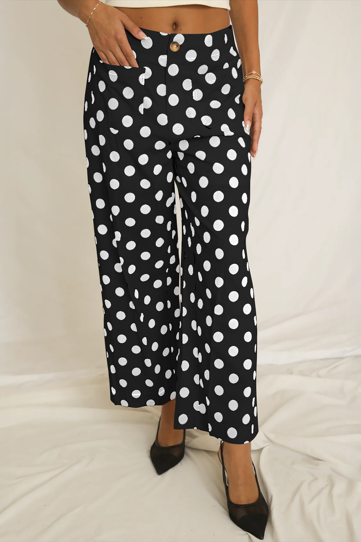 Black Polka Dot Mid-rise Straight Leg Pants