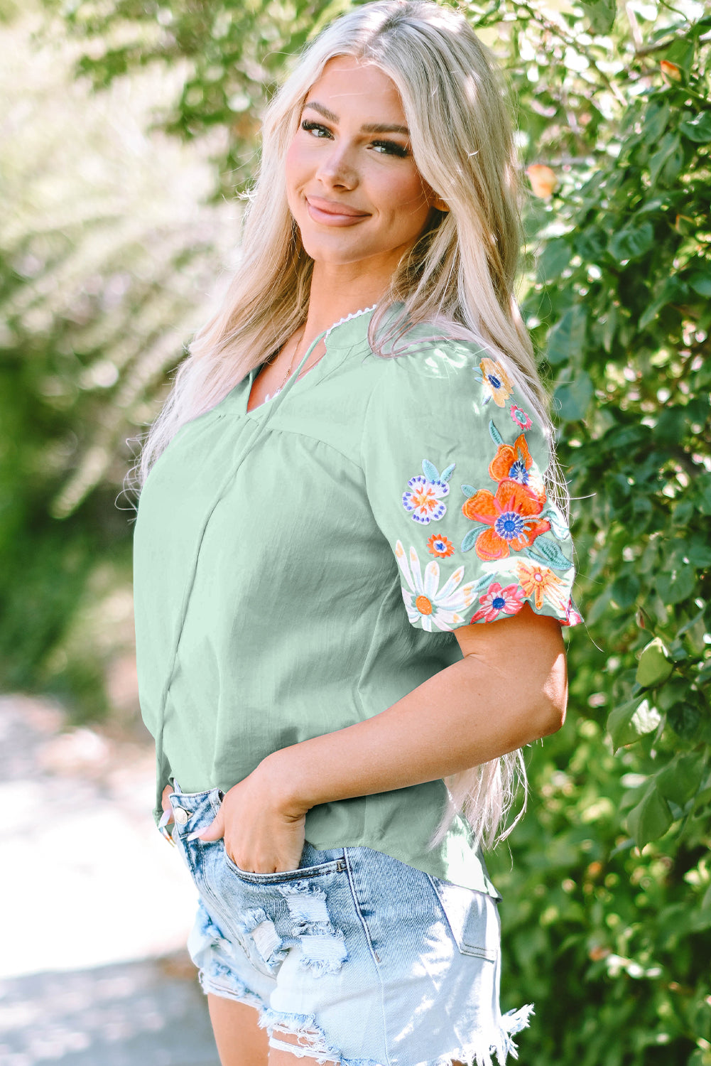 Floral Puff Sleeve Split Neck Blouse