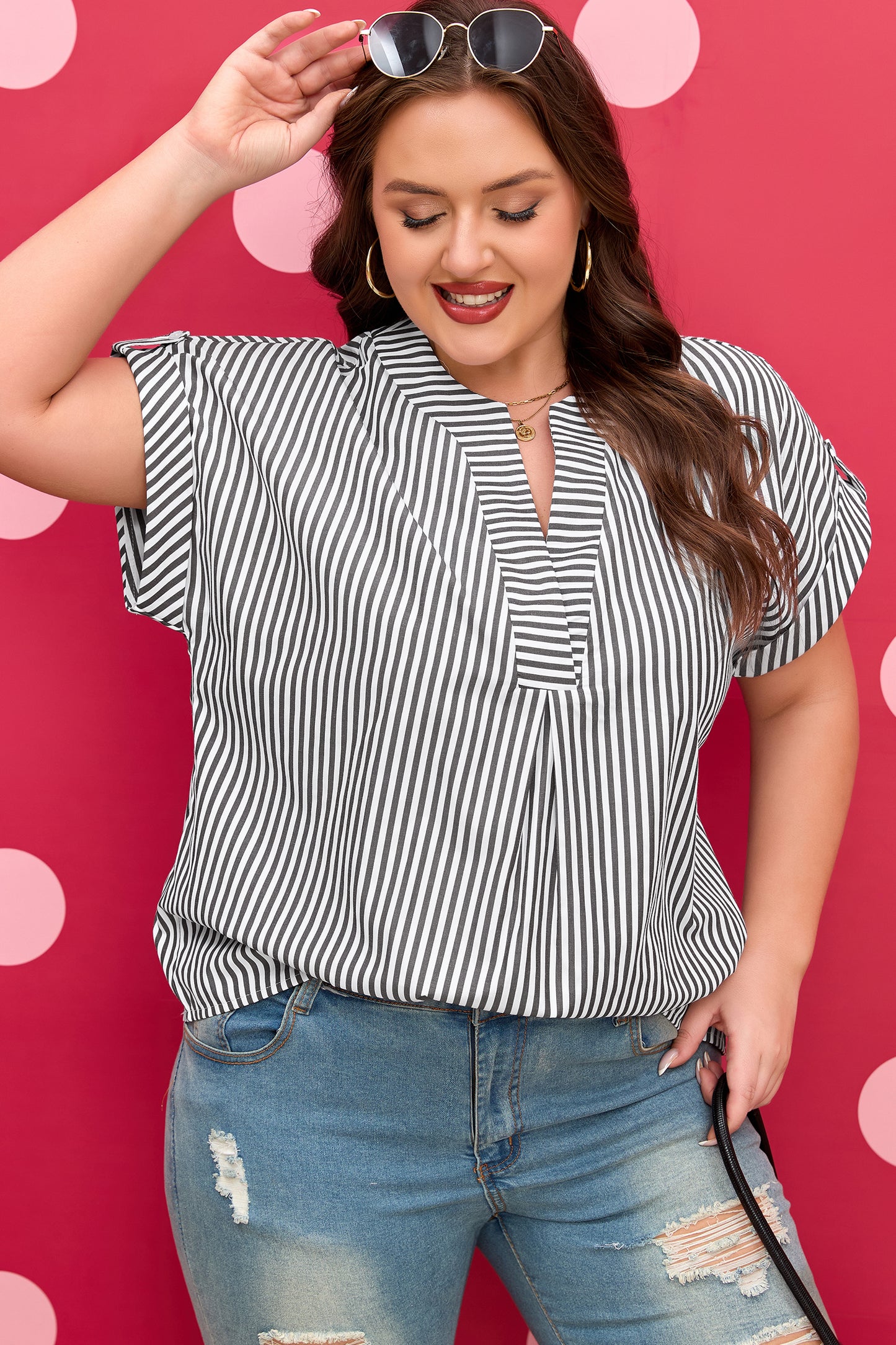 Stripe V Neck Blouse Plus Size