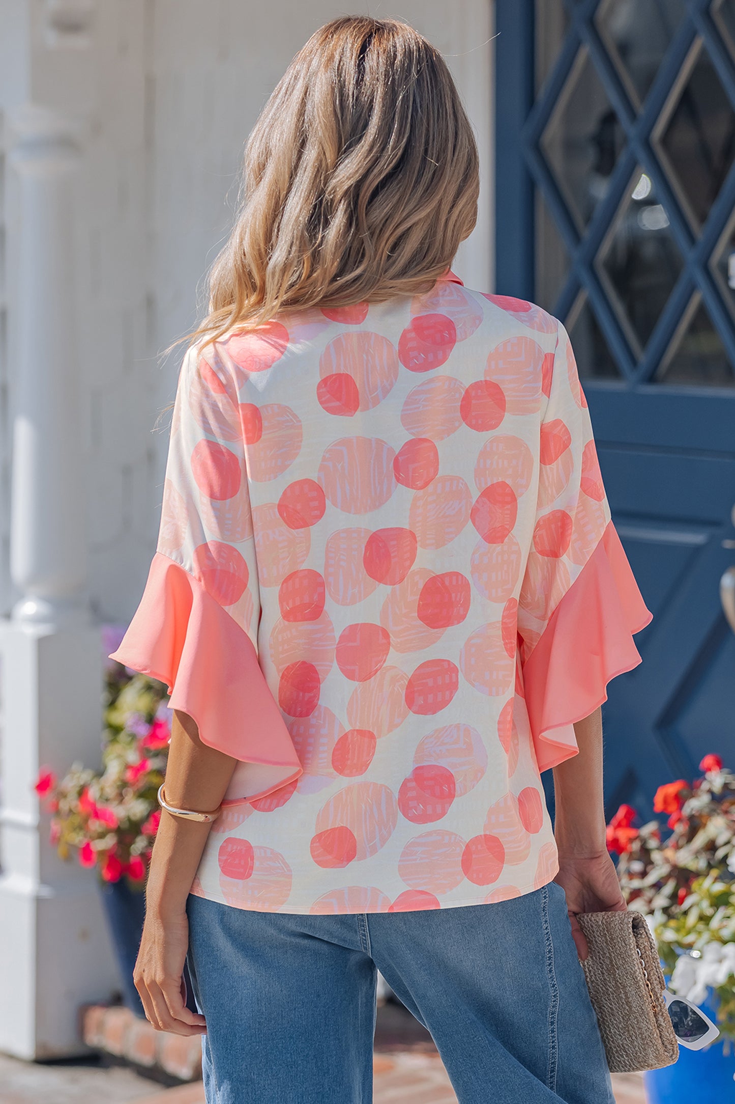 Pink Polka Dot Ruffle Trim Short Sleeve Top