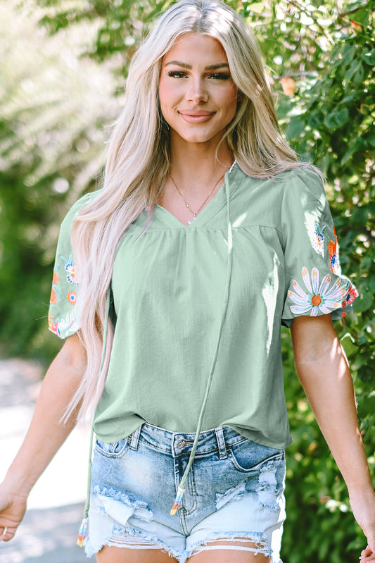 Floral Puff Sleeve Split Neck Blouse