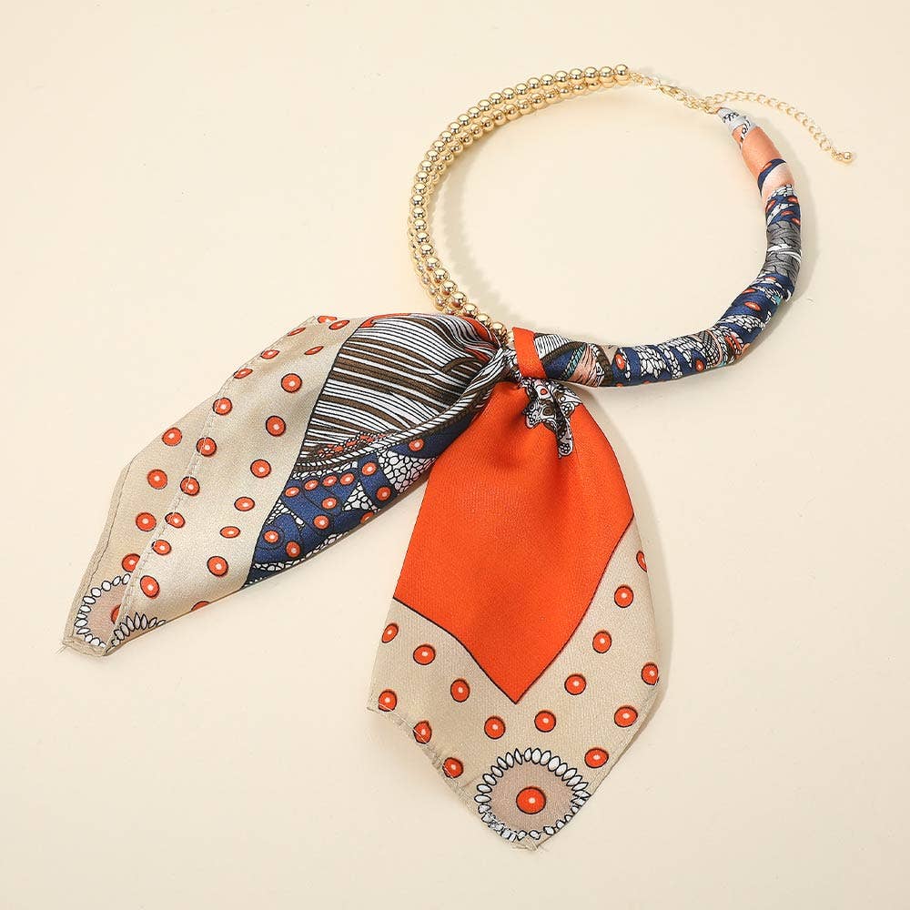 Abstract Pattern Fabric Scarf Double Bubble Chain Necklace