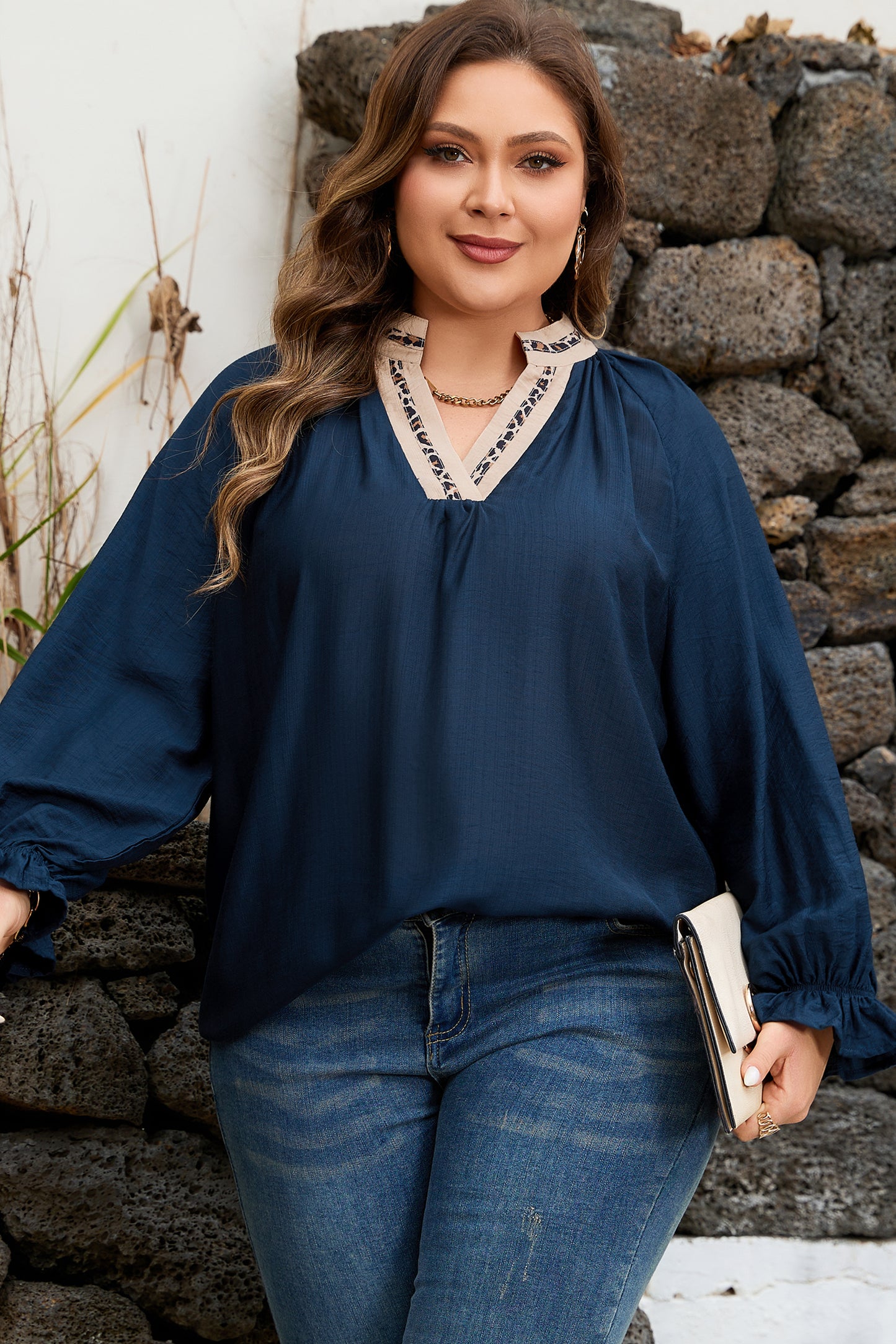 Leopard Patchwork Collar Blouse Plus Size