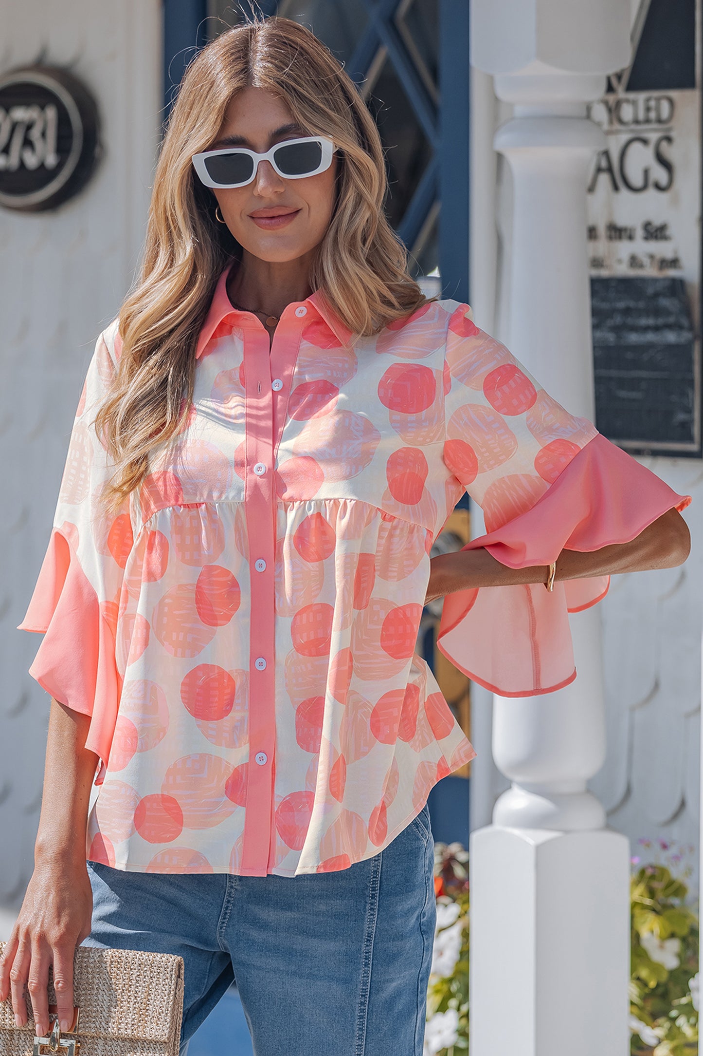 Pink Polka Dot Ruffle Trim Short Sleeve Top