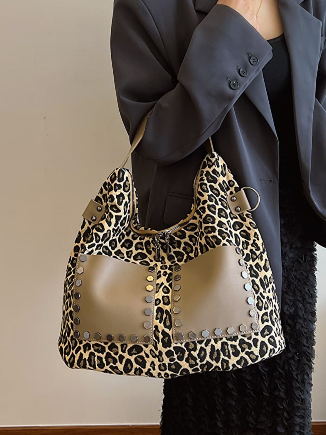 Leopard Polyester Shoulder Bag with Zippers