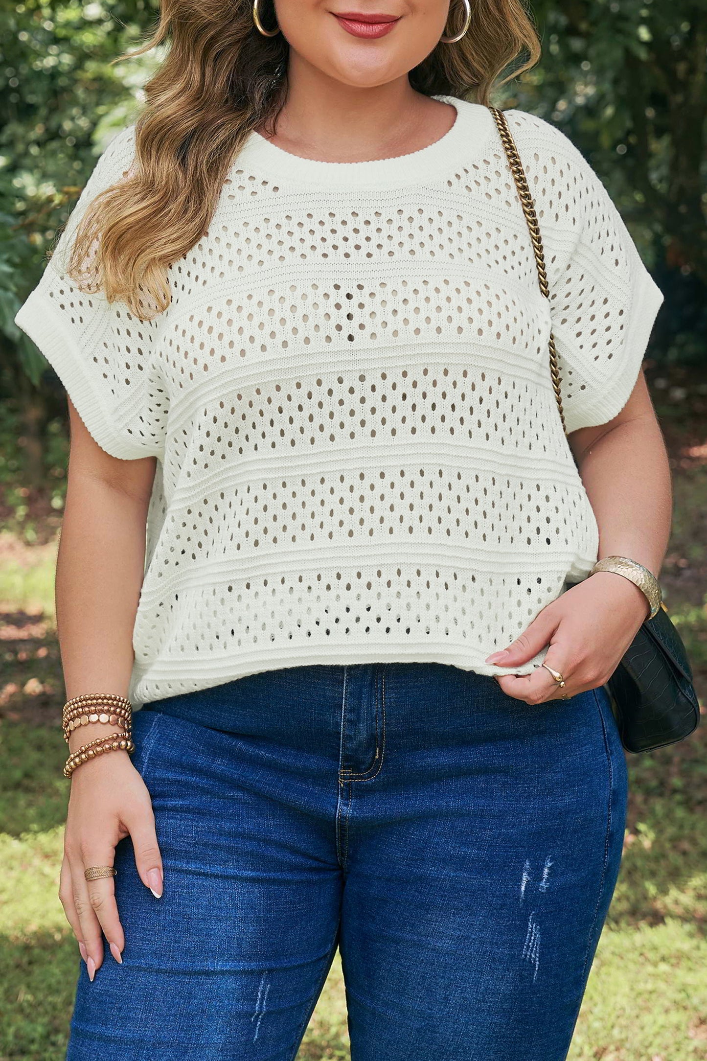 Knit Ribbed Trim Short Sleeve Dolman Sweater Plus Size