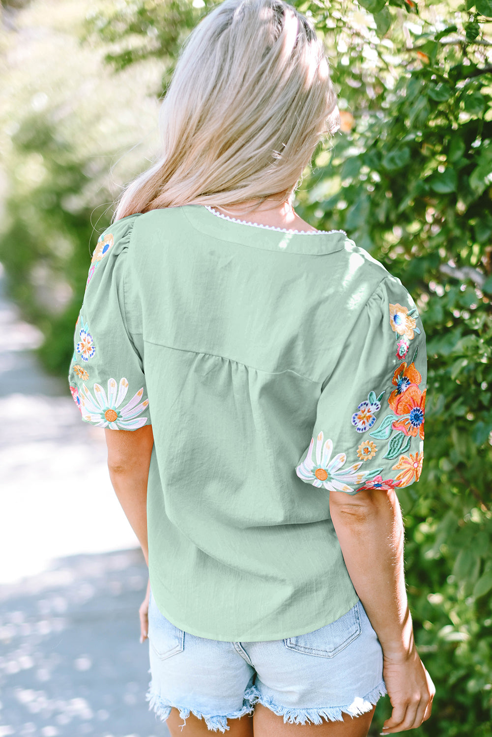 Floral Puff Sleeve Split Neck Blouse