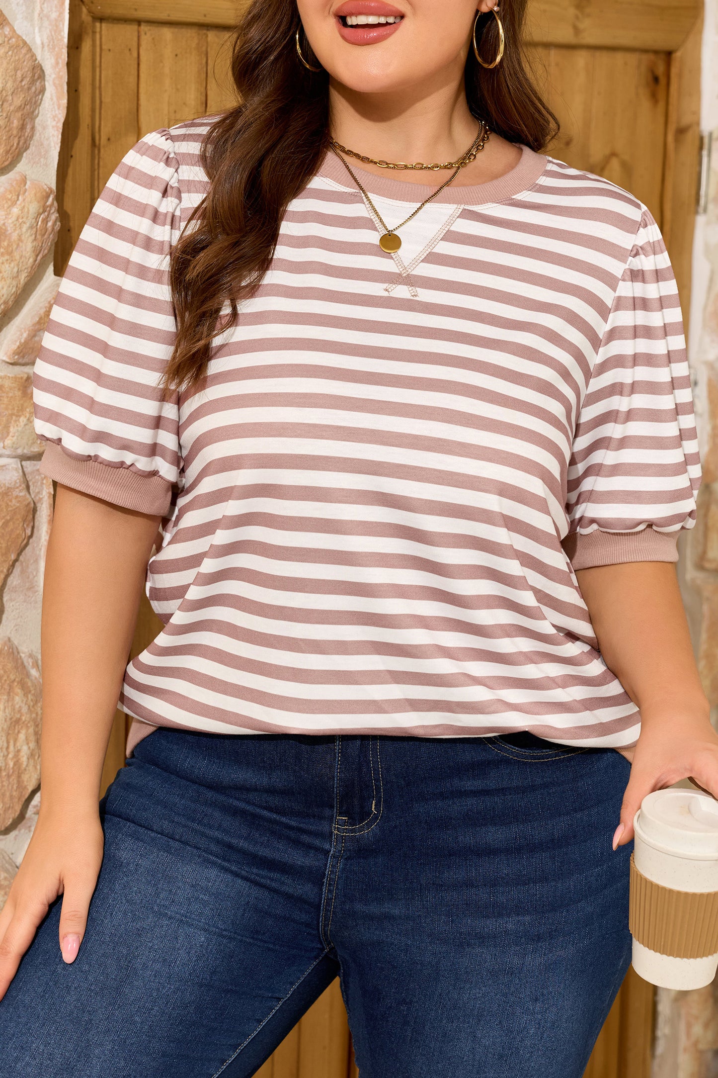 Orange Stripe Puff Sleeve T-Shirt Plus Size