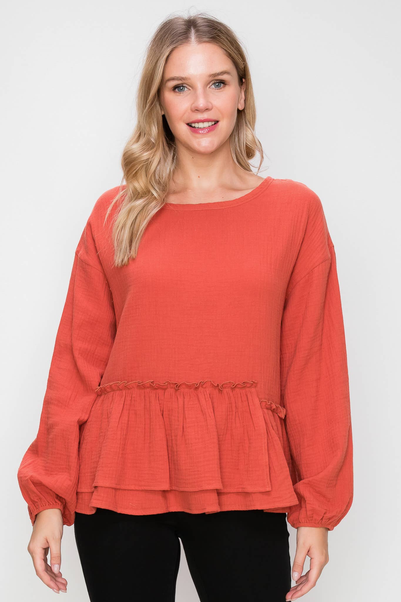 Asymmetrical Ruffle Tiered L/S Blouse