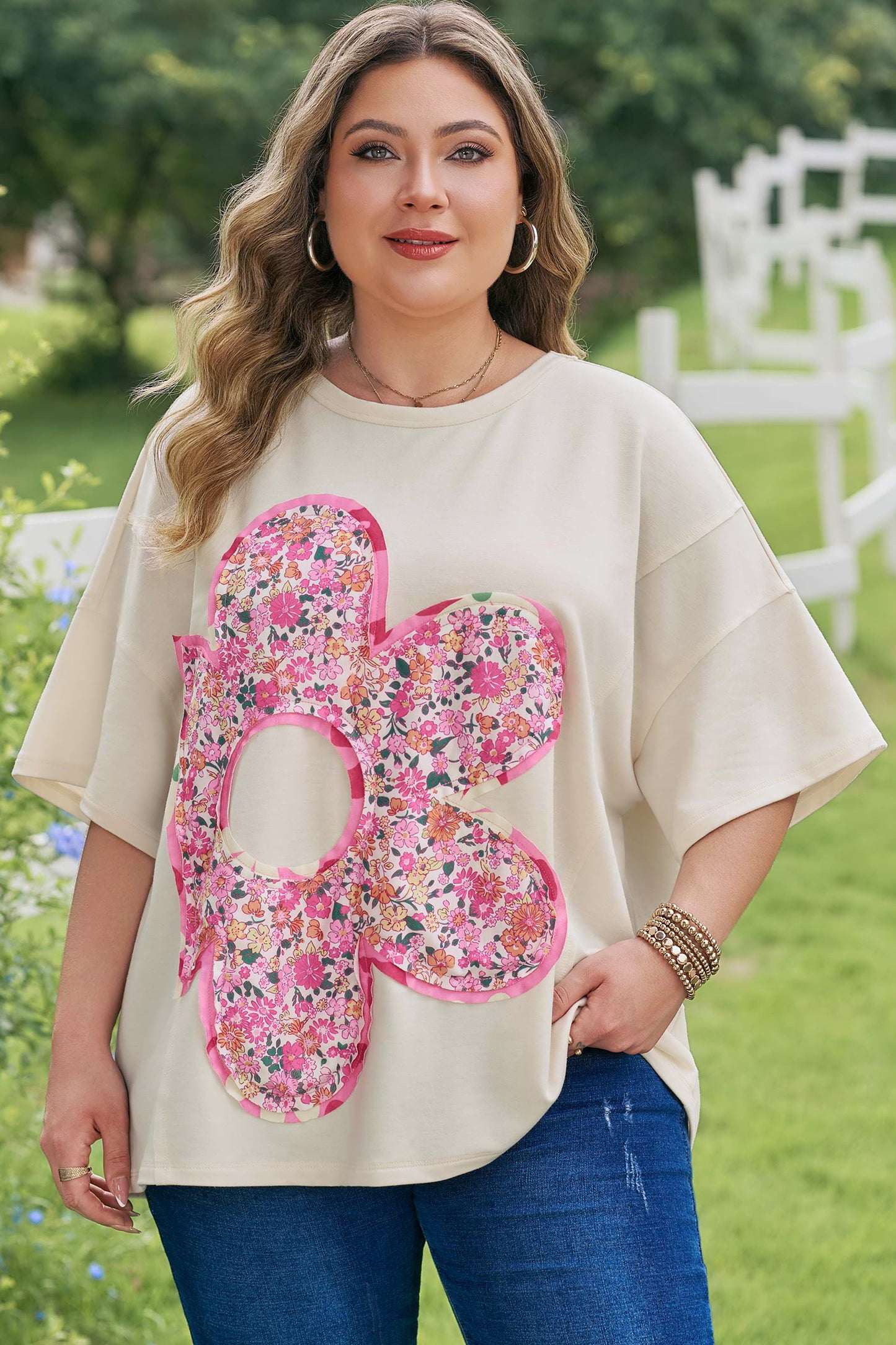 Big Flower Patched T-Shirt Plus Size