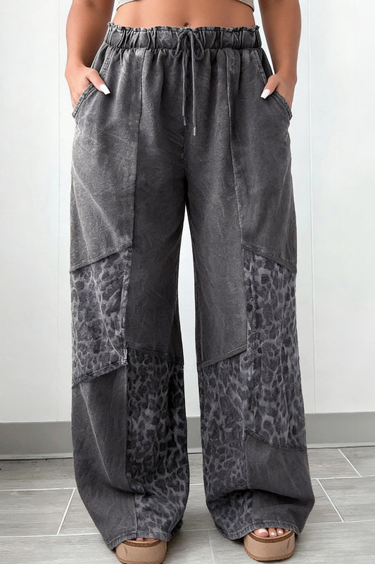 Leopard Patchwork Wash Wide Leg Pants Plus Size