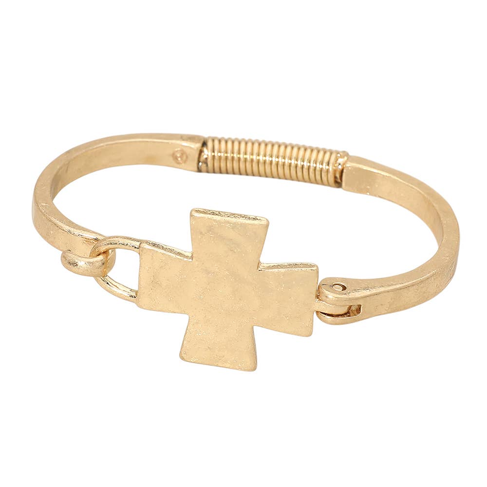 Hammered Metal Cross Accent Hinged Bangle Bracelet