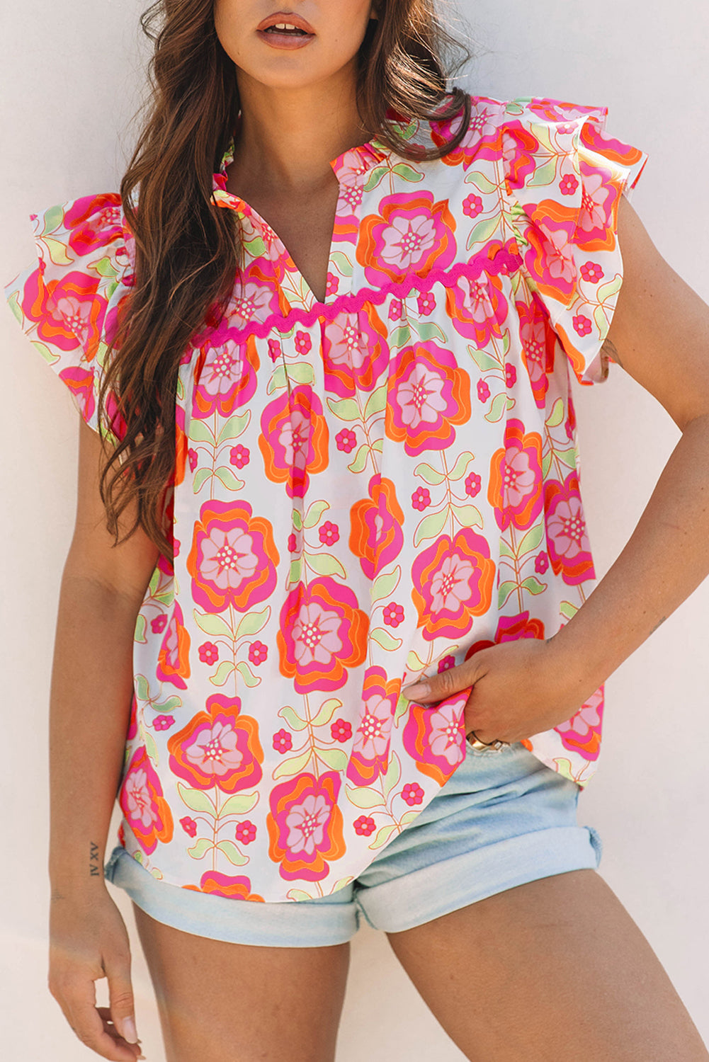 Floral Ruffled Sleeve Loose Blouse