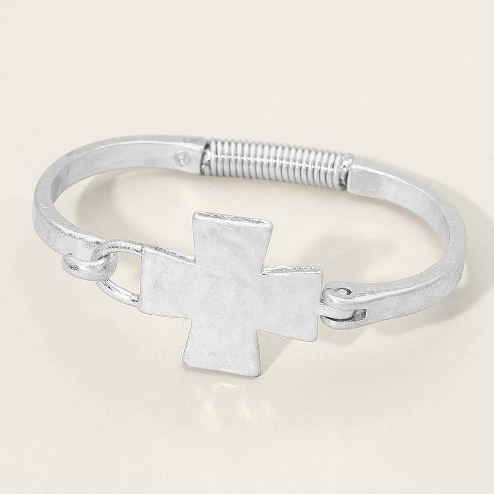Hammered Metal Cross Accent Hinged Bangle Bracelet