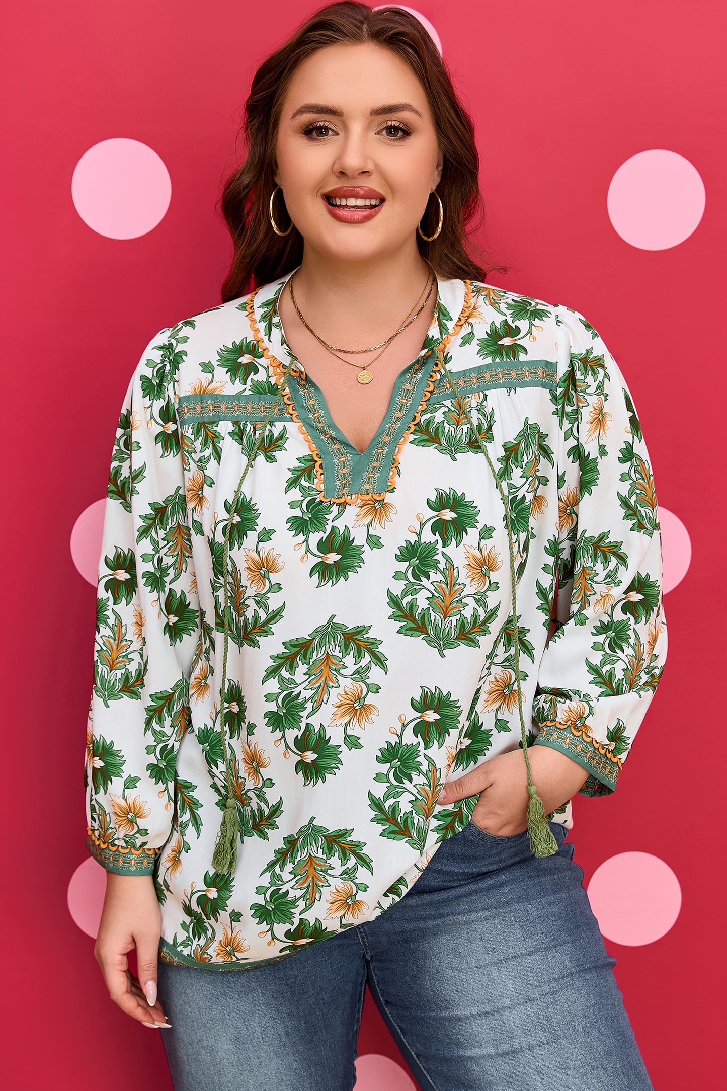 Floral Patchwork Detail Tassel Tie 3/4 Sleeve Blouse Plus Size