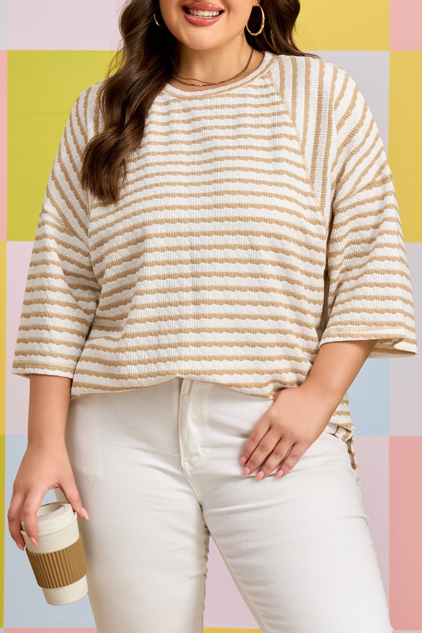 Stripe Textured Patchwork Top Plus Size
