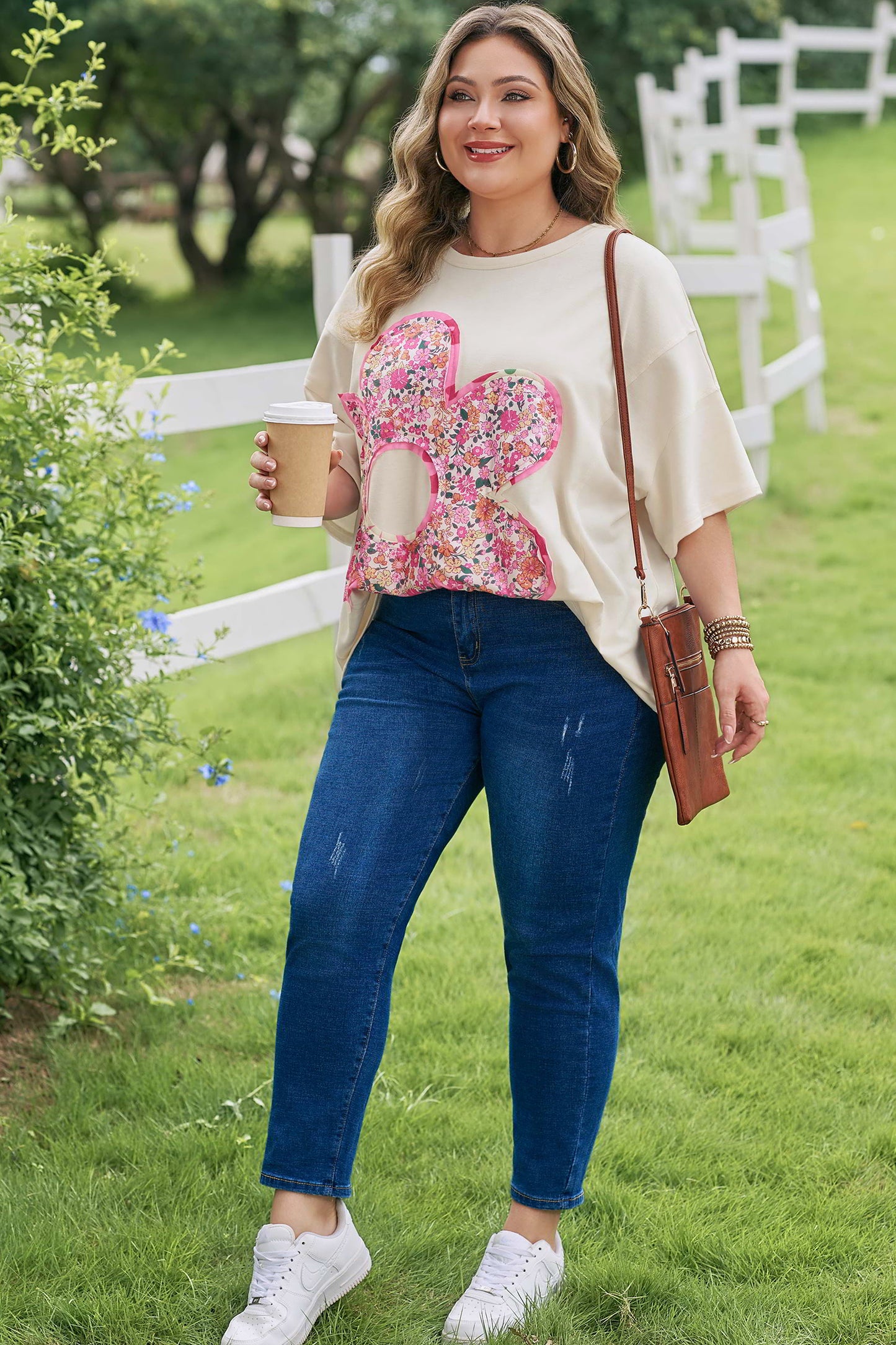 Big Flower Patched T-Shirt Plus Size