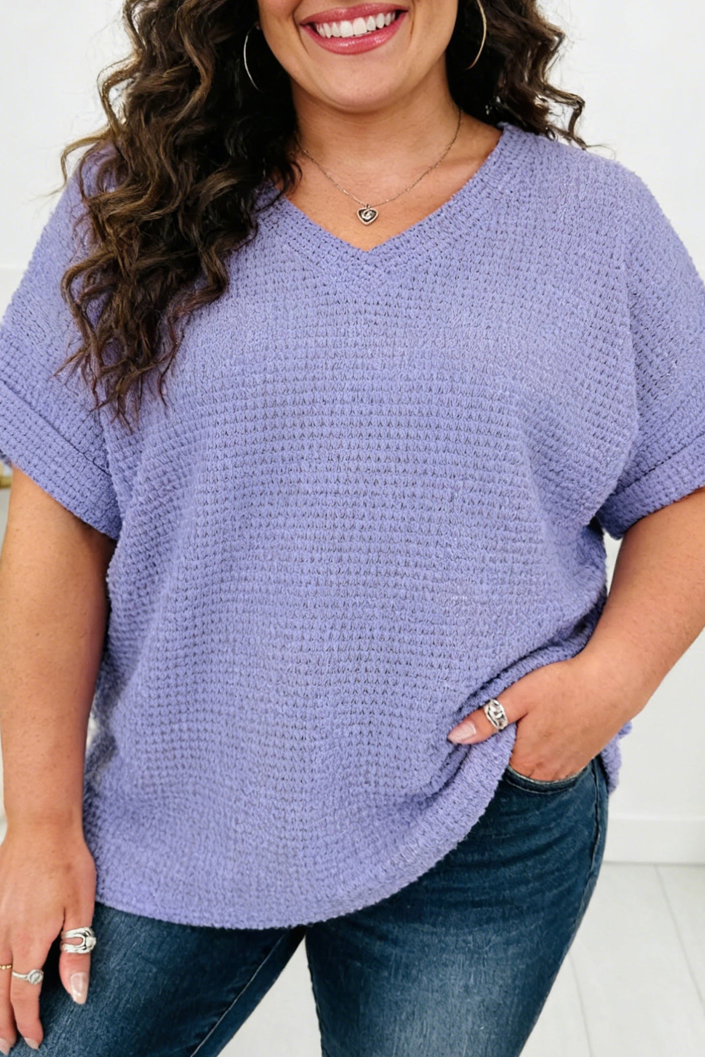 V Neck Short Sleeve Waffle Knit Top Plus Size