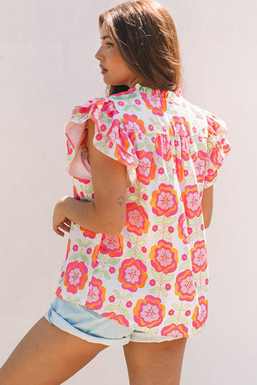 Floral Ruffled Sleeve Loose Blouse