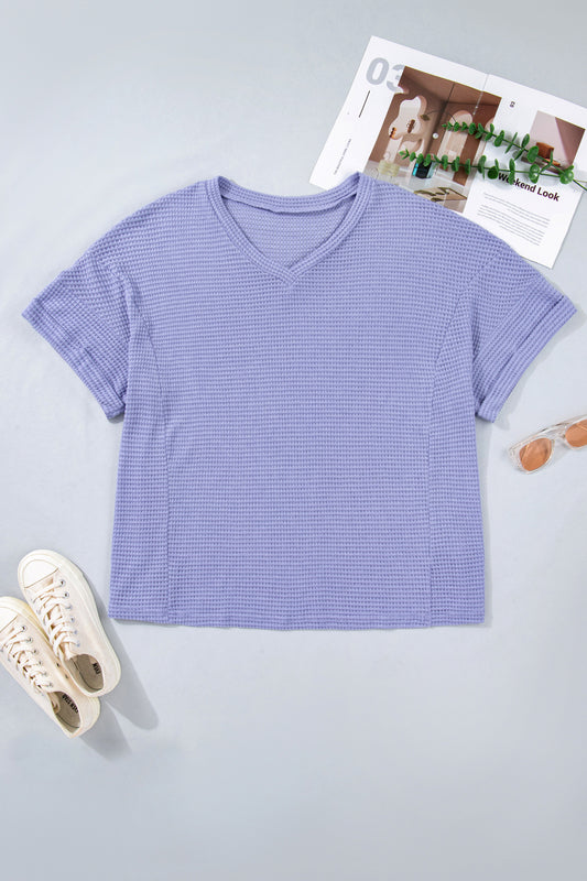 V Neck Short Sleeve Waffle Knit Top Plus Size
