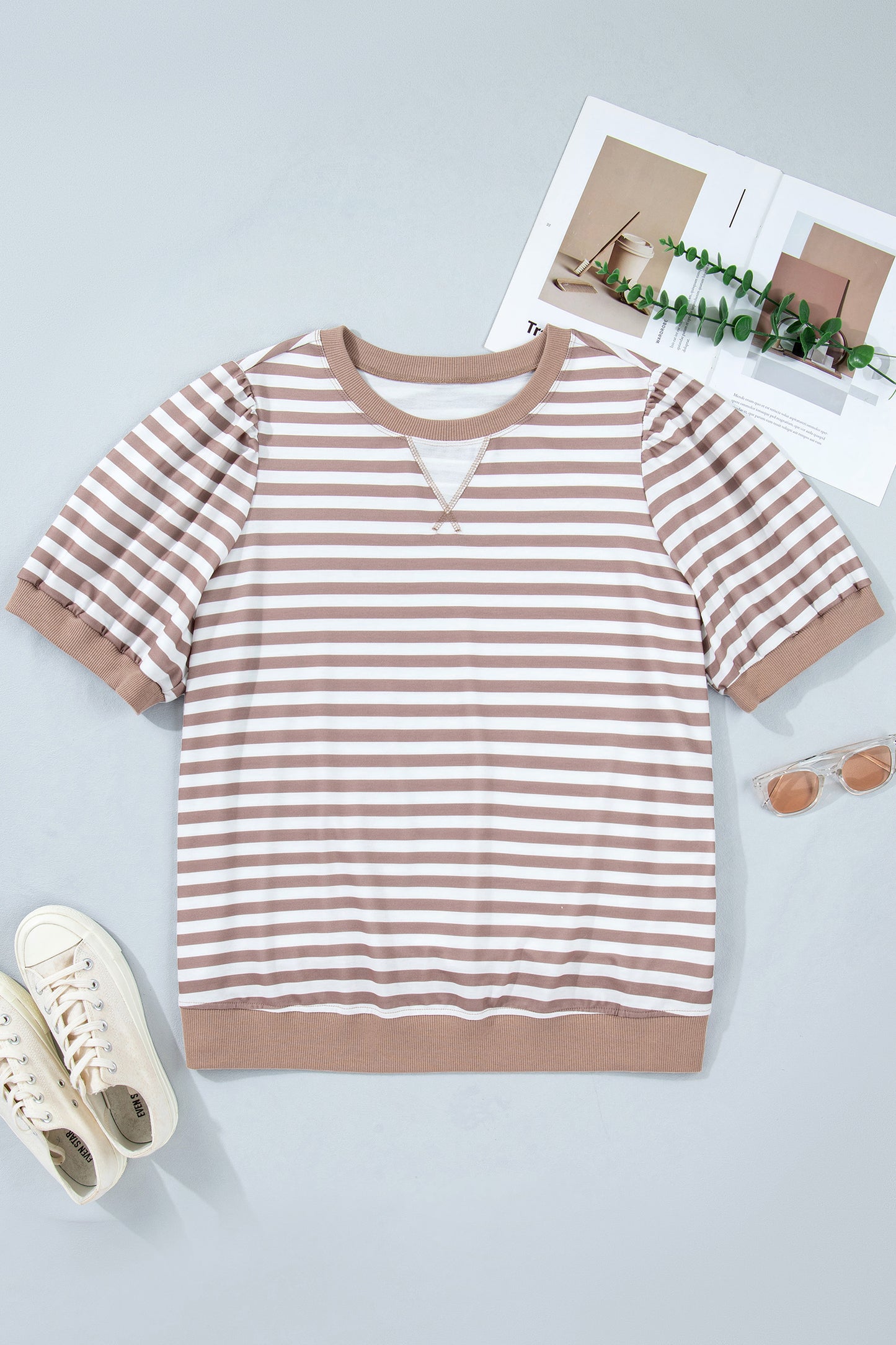 Orange Stripe Puff Sleeve T-Shirt Plus Size