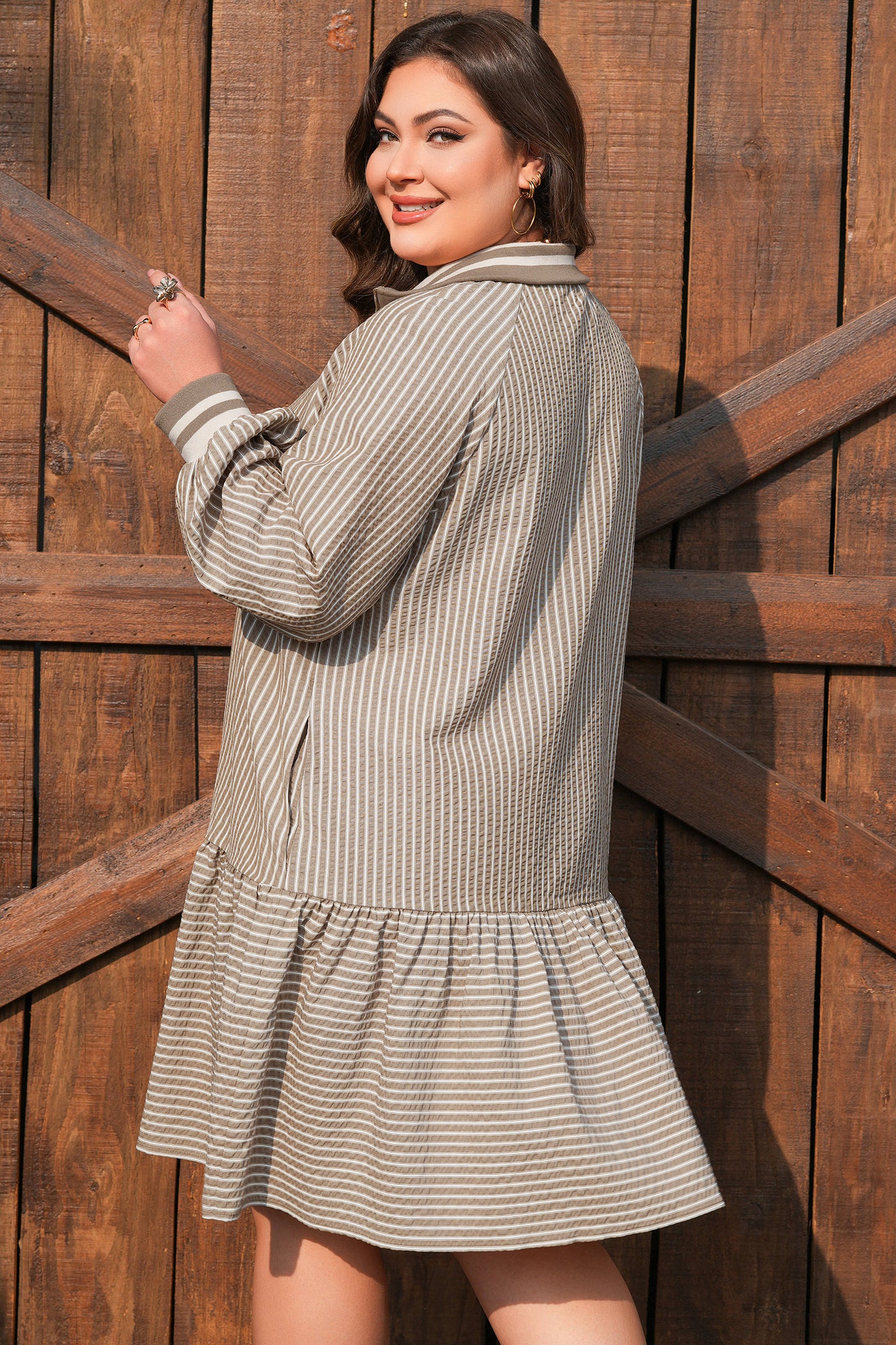 Khaki Stripe Puff Sleeve Ruffled Mini Dress Plus Size