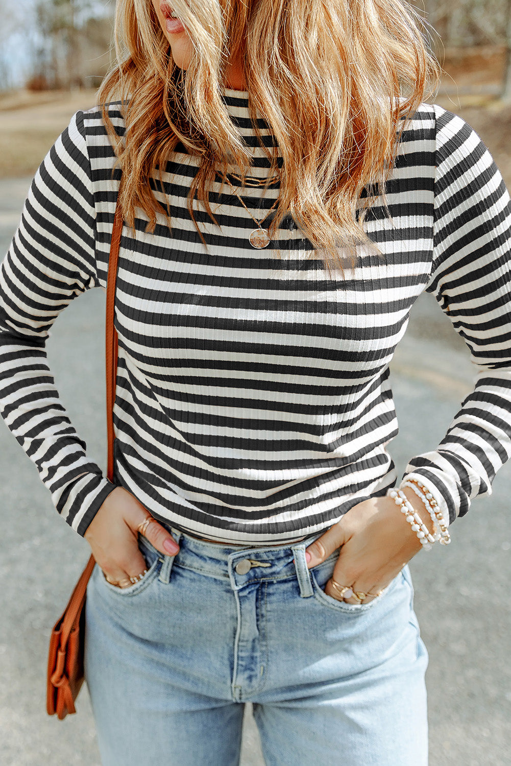 Striped Mock Neck Long Sleeve Top