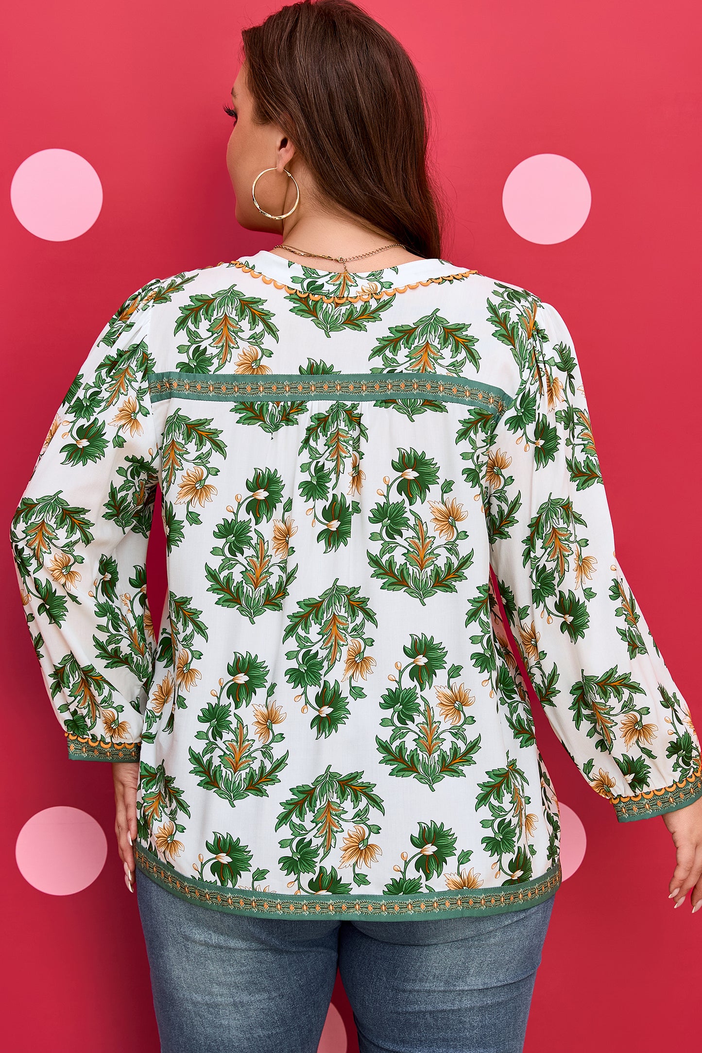 Floral Patchwork Detail Tassel Tie 3/4 Sleeve Blouse Plus Size