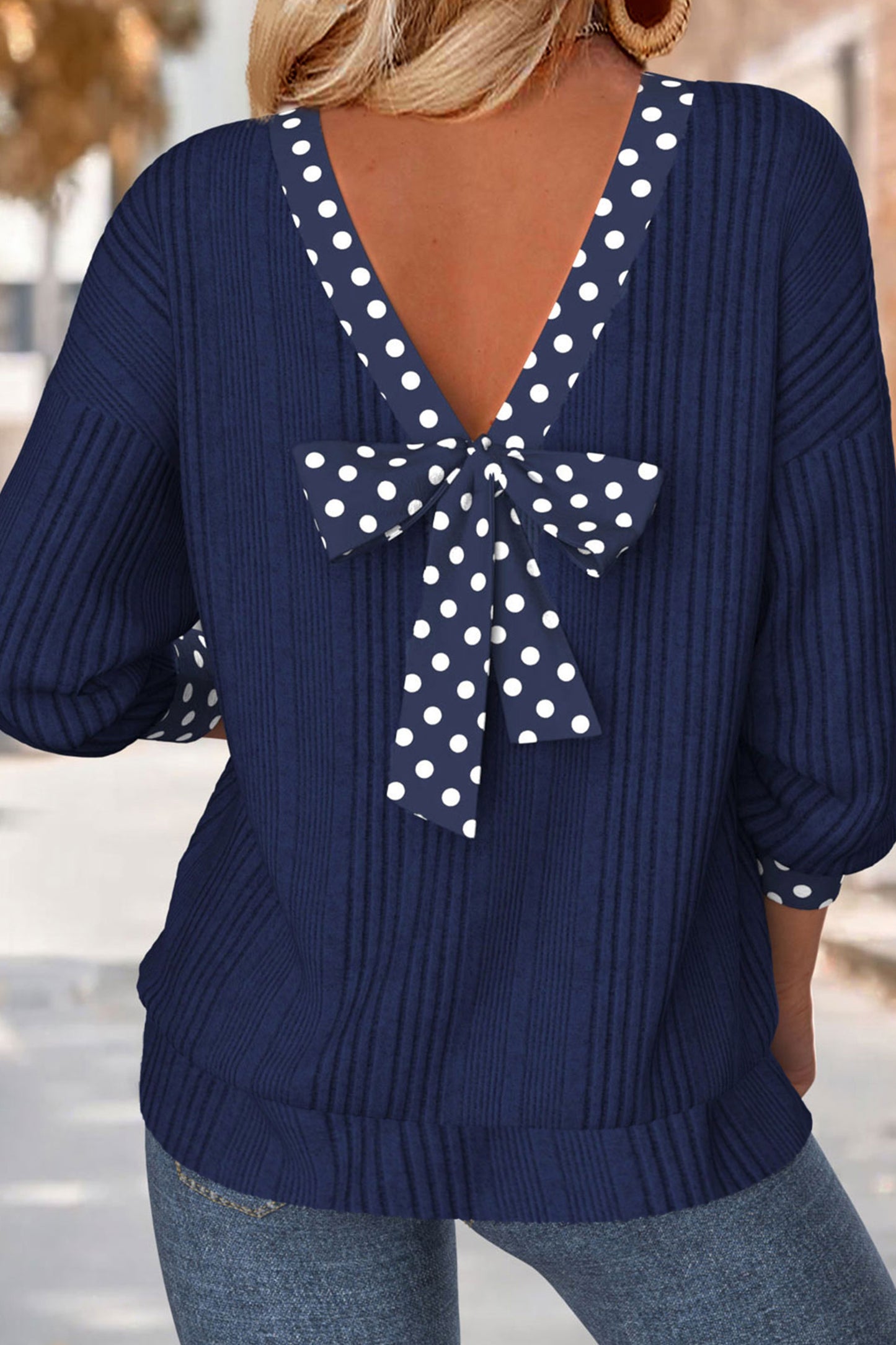 Blue Polka Dot V Neck Bow Tie Top