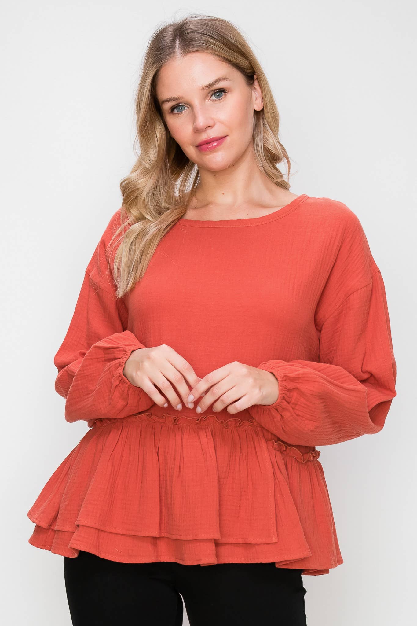 Asymmetrical Ruffle Tiered L/S Blouse