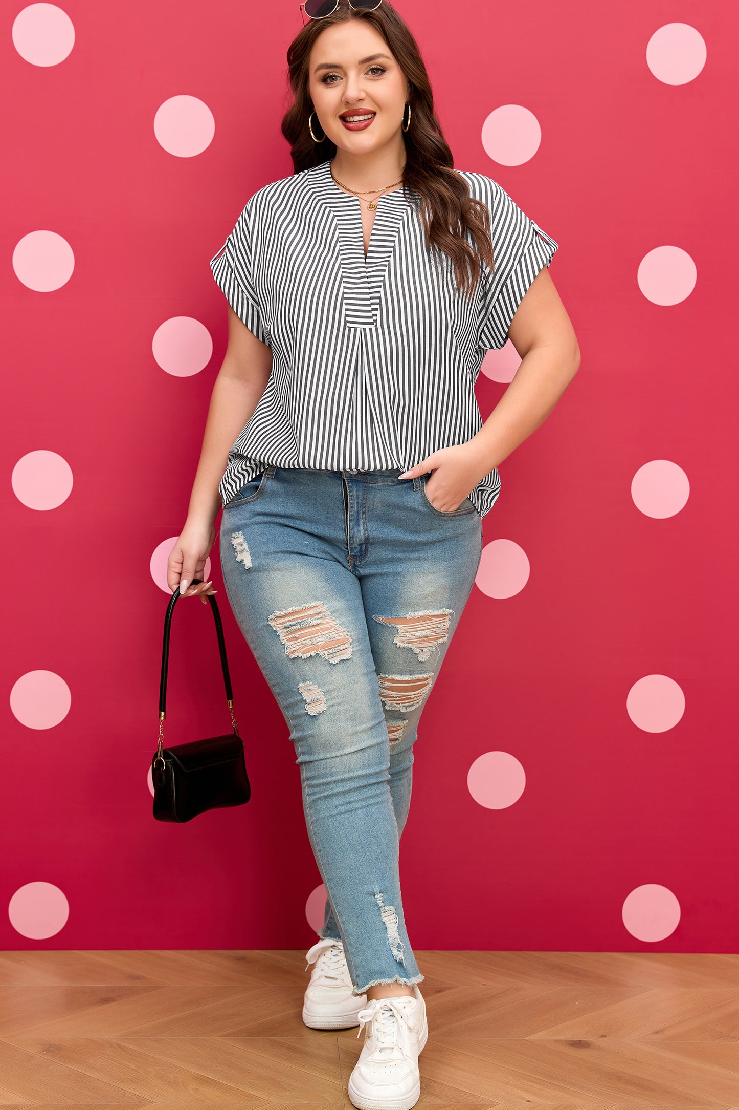 Stripe V Neck Blouse Plus Size