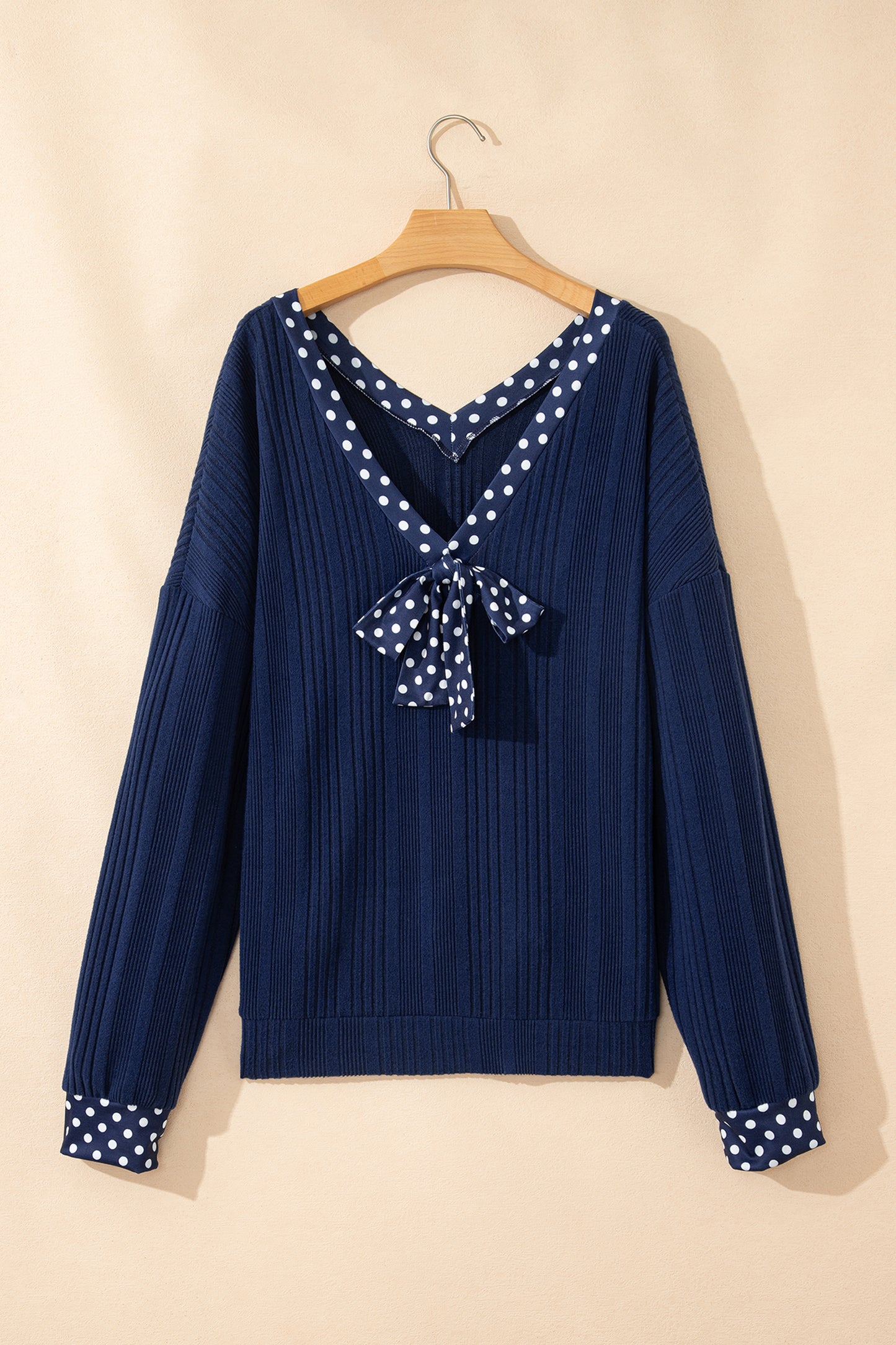 Blue Polka Dot V Neck Bow Tie Top