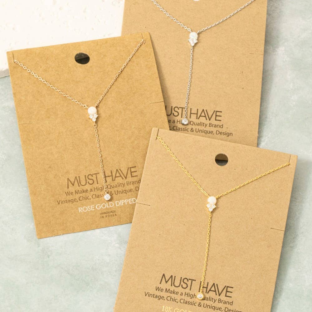 Gold Dipped Pearl Cz Charm Y Necklace