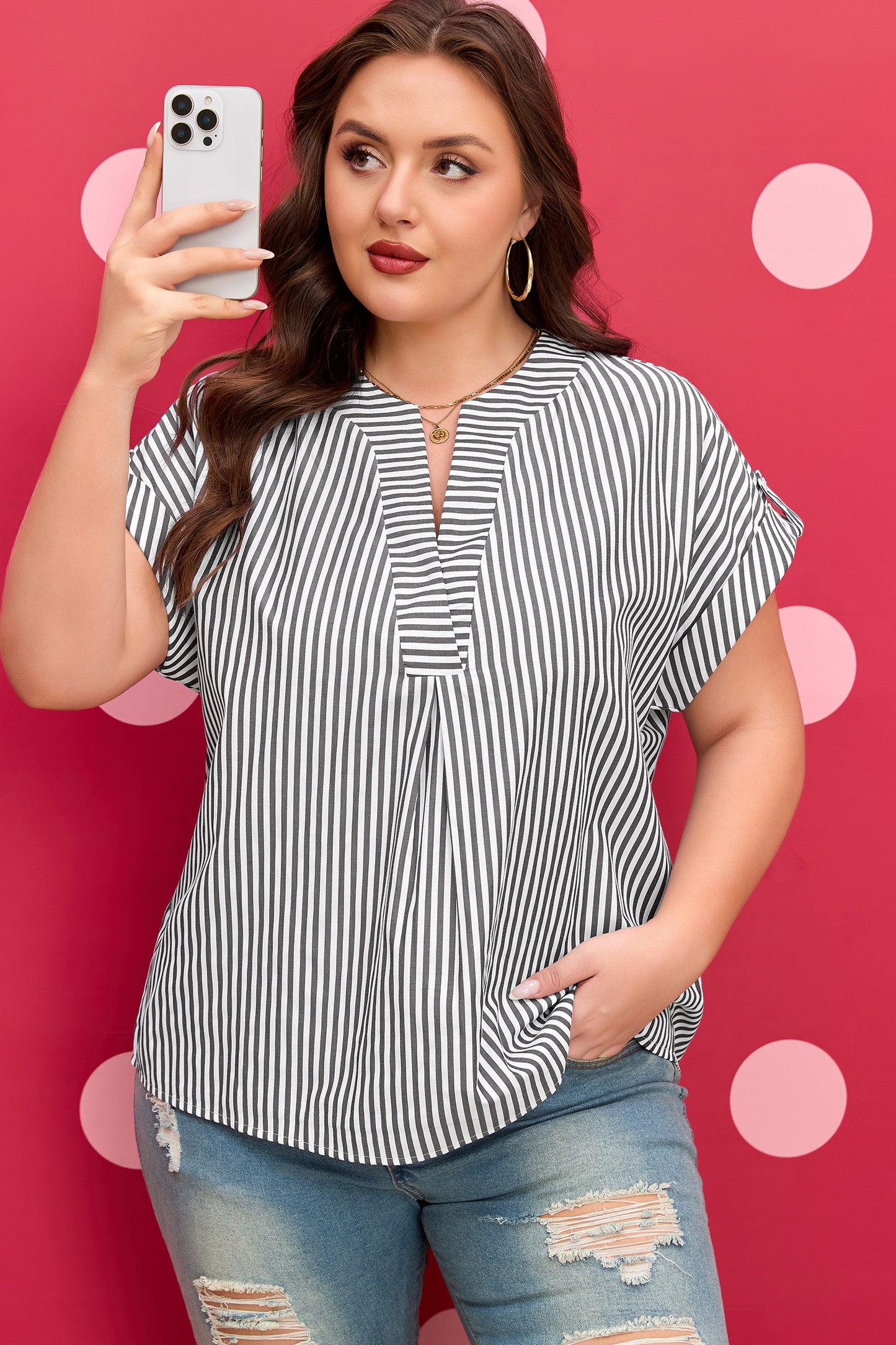 Stripe V Neck Blouse Plus Size