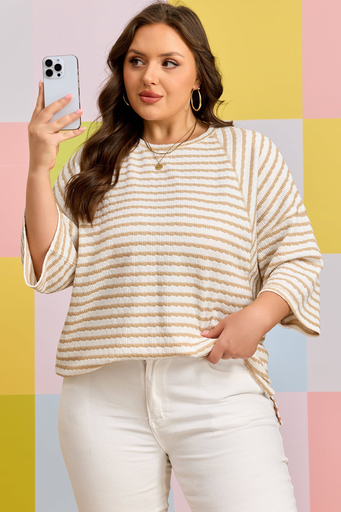 Stripe Textured Patchwork Top Plus Size