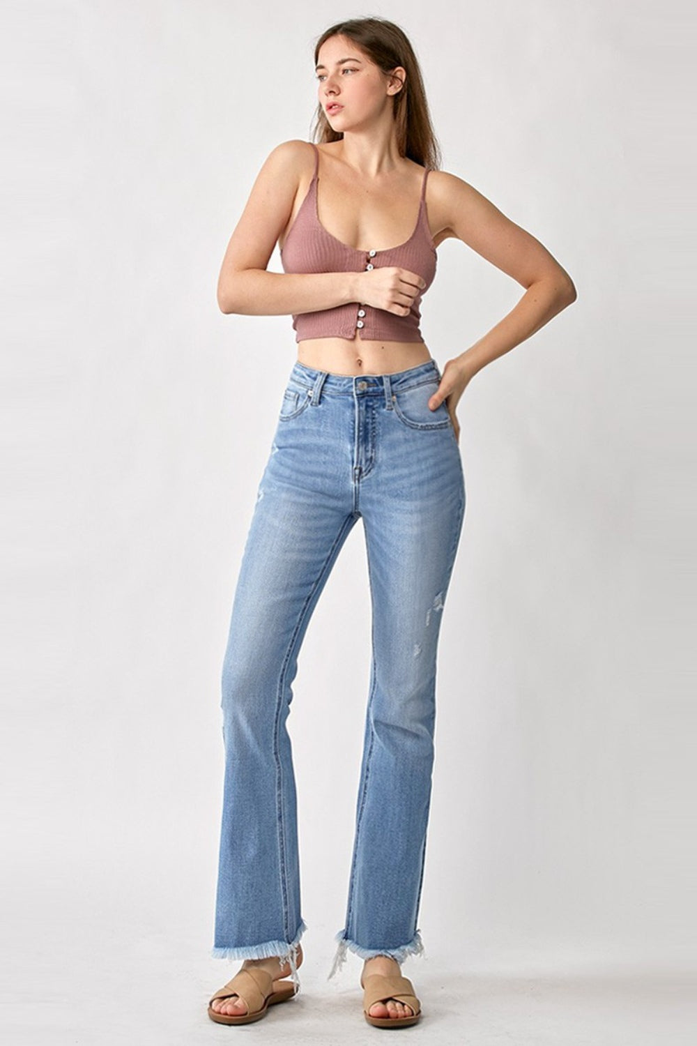 RISEN High Rise Frayed Hem Bootcut Jeans