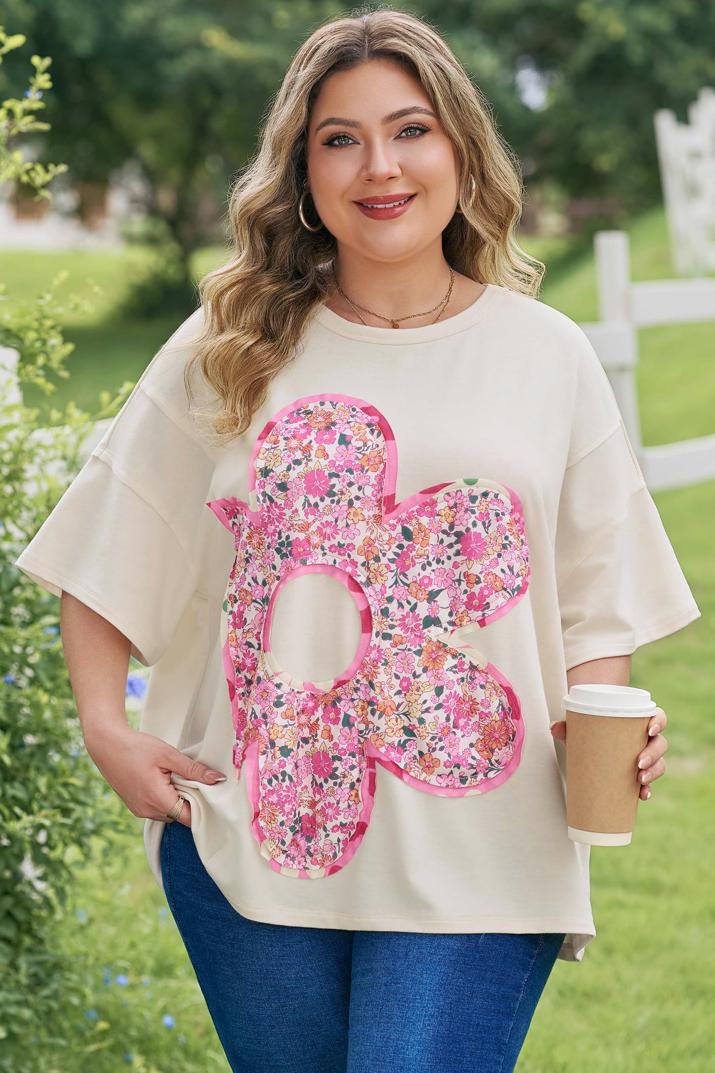 Big Flower Patched T-Shirt Plus Size