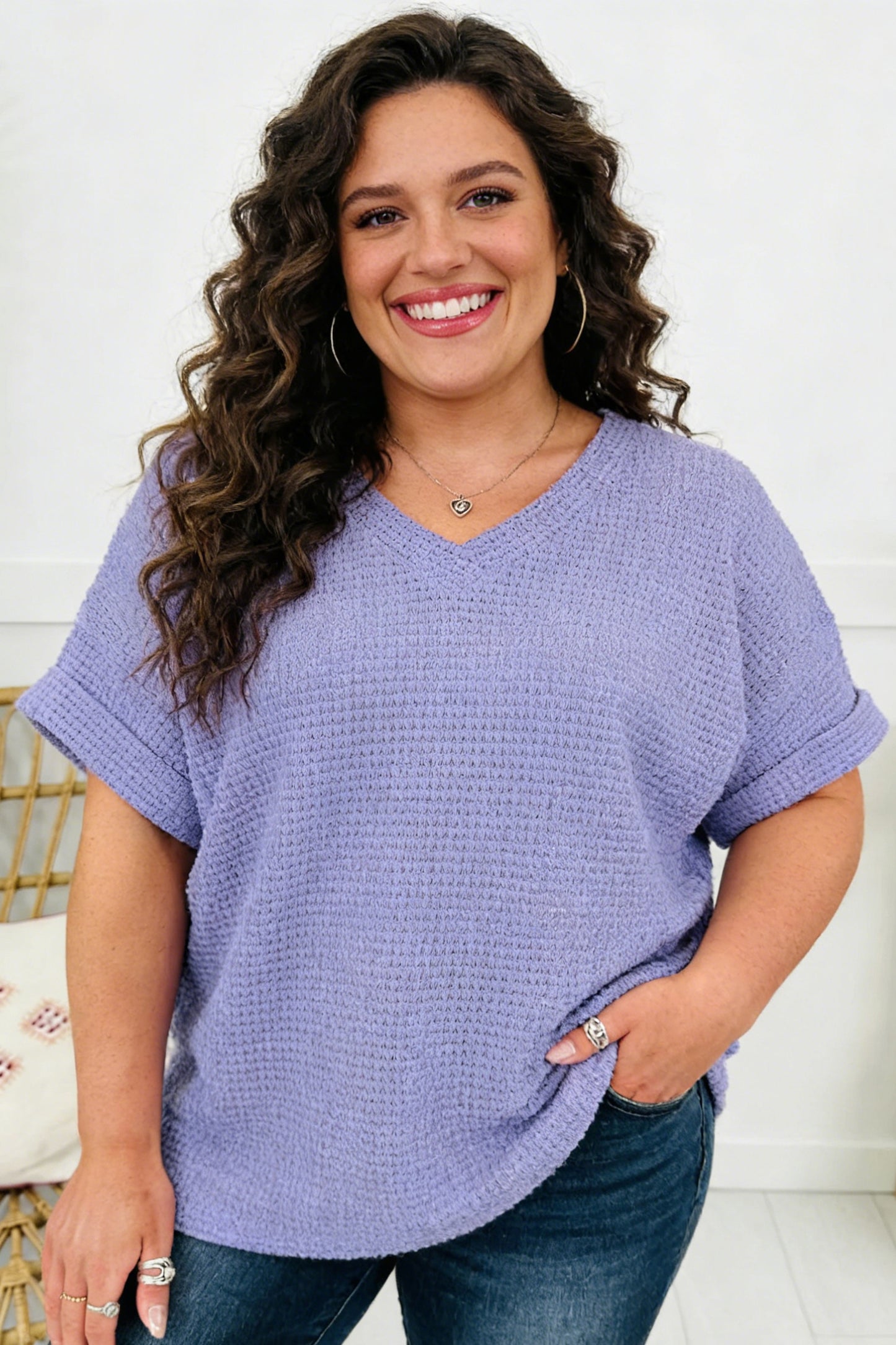 V Neck Short Sleeve Waffle Knit Top Plus Size