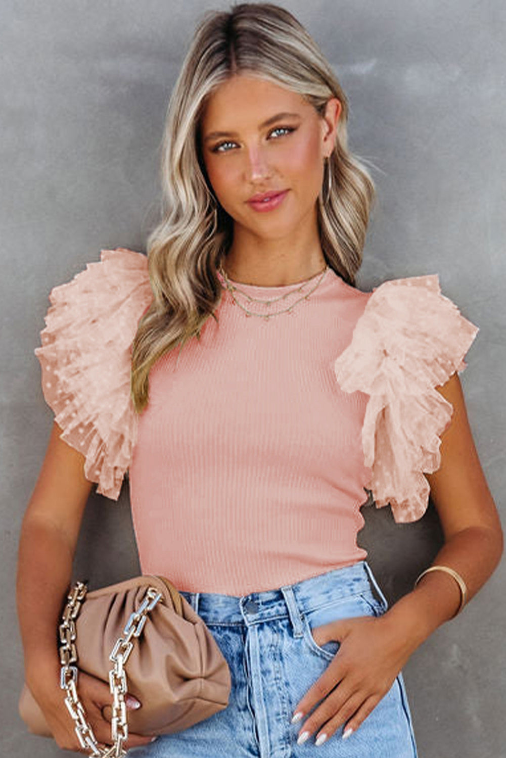 Pink Dotty Mesh Ruffle Knit Top
