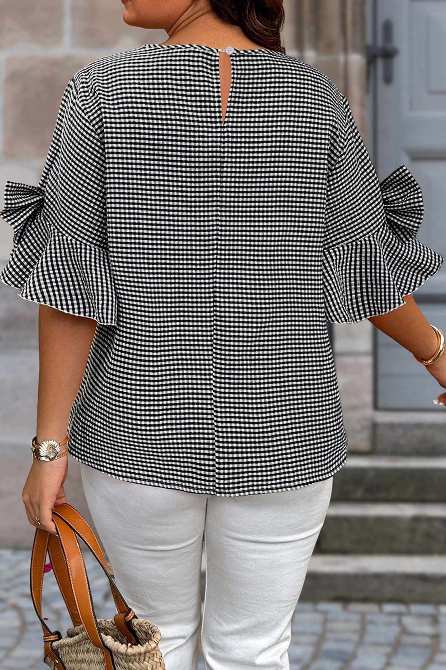 Bow Decor Bell Sleeve Round Neck Jumper Plus Size