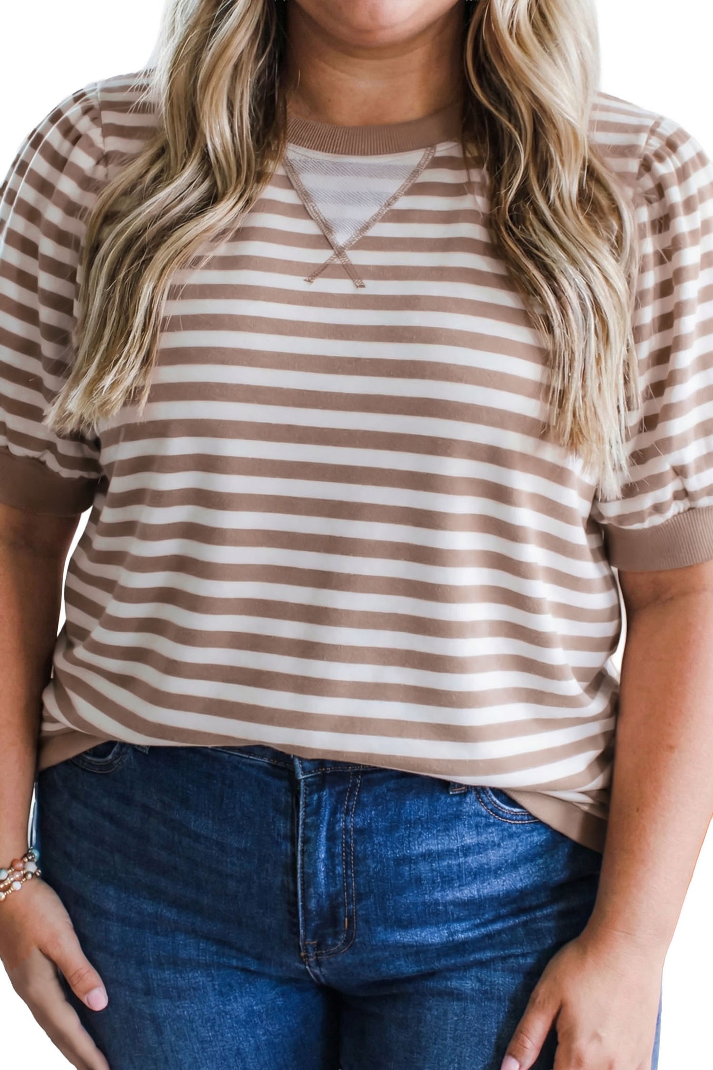 Orange Stripe Puff Sleeve T-Shirt Plus Size