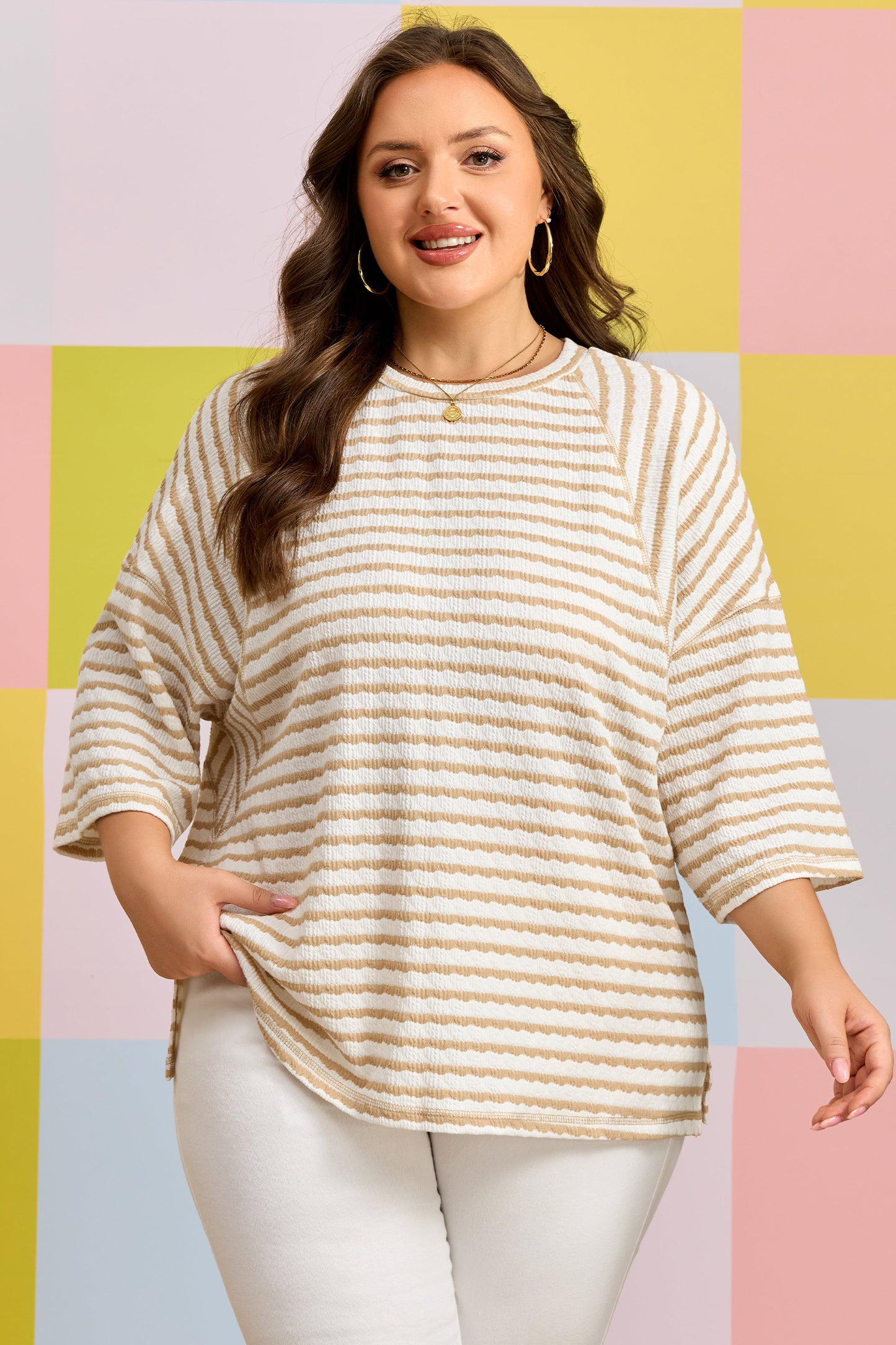 Stripe Textured Patchwork Top Plus Size