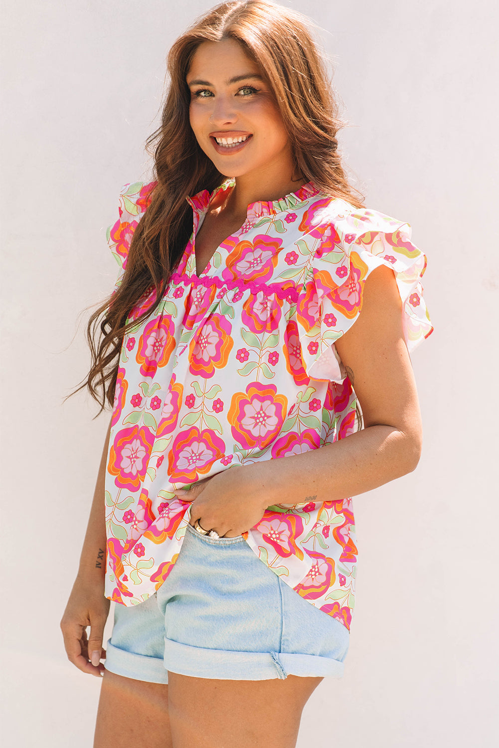 Floral Ruffled Sleeve Loose Blouse